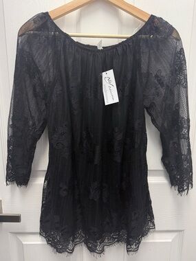 NY Collection Women’s Black Lace Fringe Off-Shoulder Top Blouse NWT Size PM